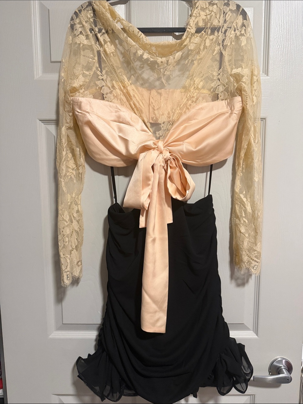 Lace Sleeve Mini Dress with lace satin tie front - zipper in back of top/skirt